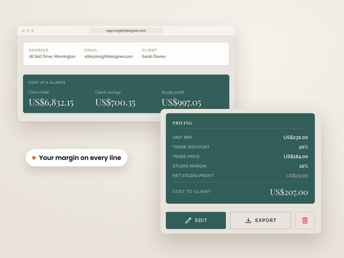 The project’s client total, client savings and studio profit, beside one product’s trade price, margin and cost to client.