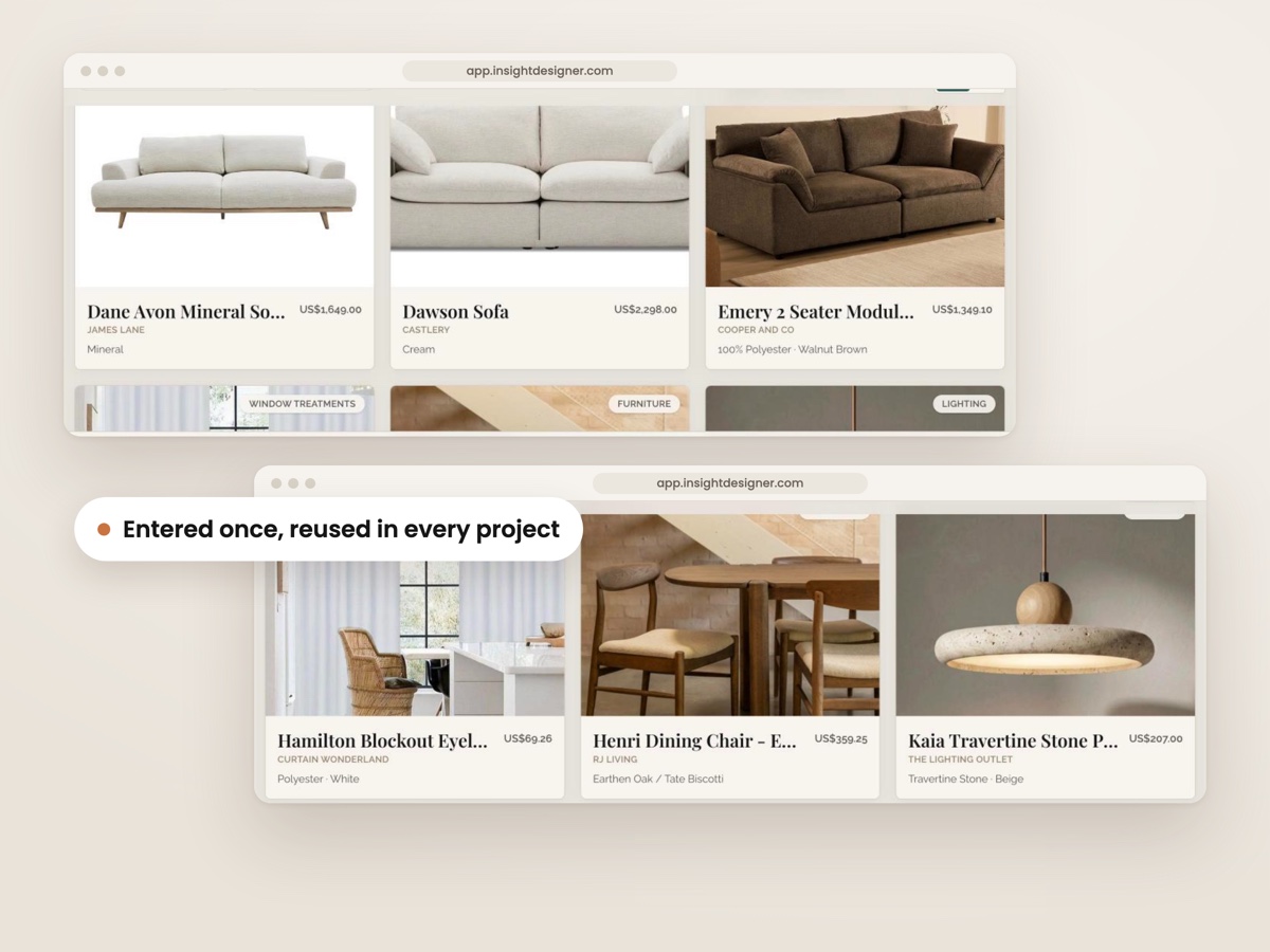 Product cards in the Insight studio library: sofas, curtains, dining chairs and a pendant light.